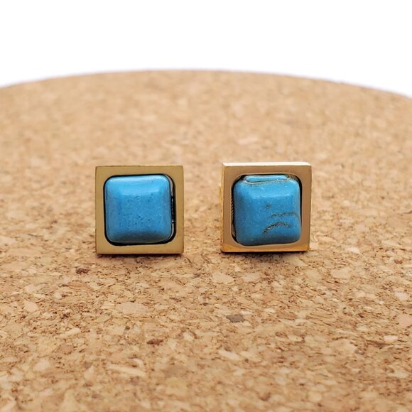 14K Gold Womens Square Turquoise Stud Earrings New 14 Karat 925 Silver Jewelry